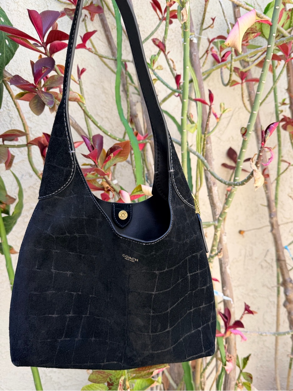Coach Black Suede Croc-Embossed Shoulder Hobo